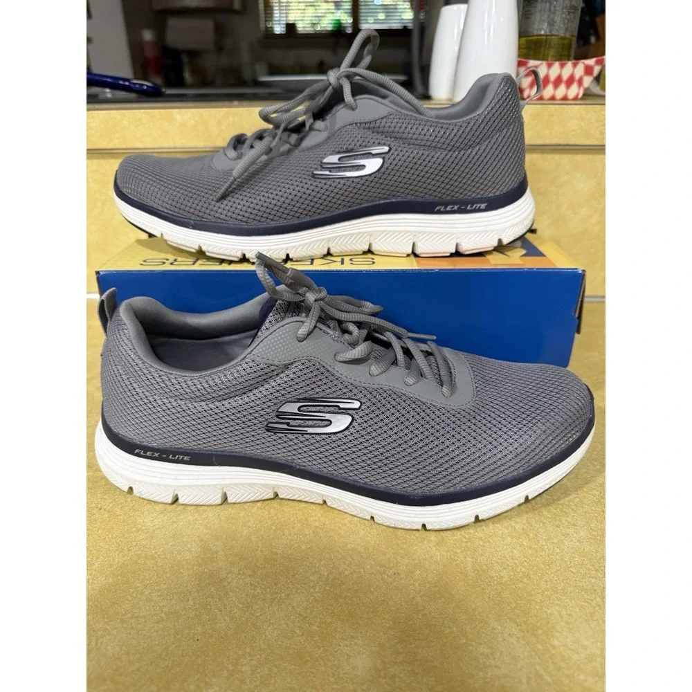Skechers Flex Lite Men's 11 Gray Navy Memory Foam Walking Shoes 16829